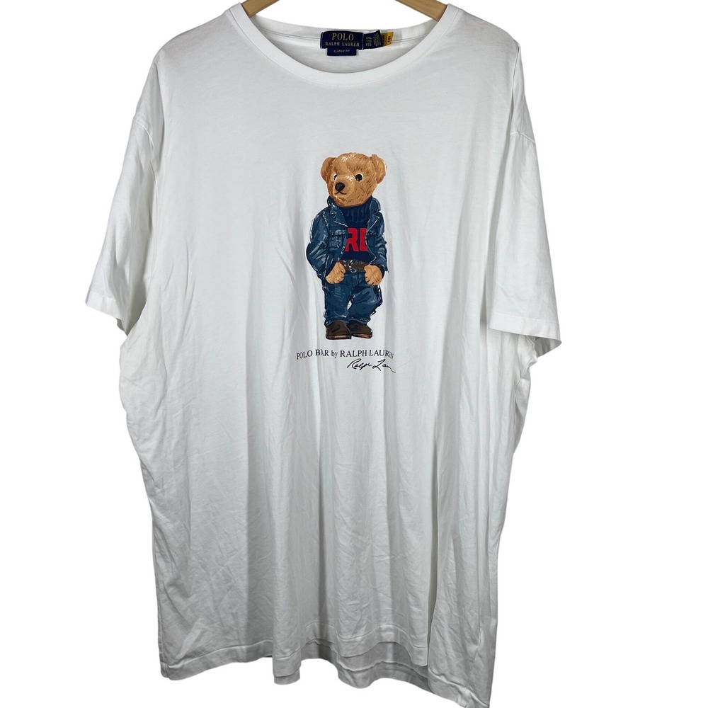 Polo Ralph Lauren Mens XXL White Denim Jacket Polo Bear Graphic T-Shirt Classic